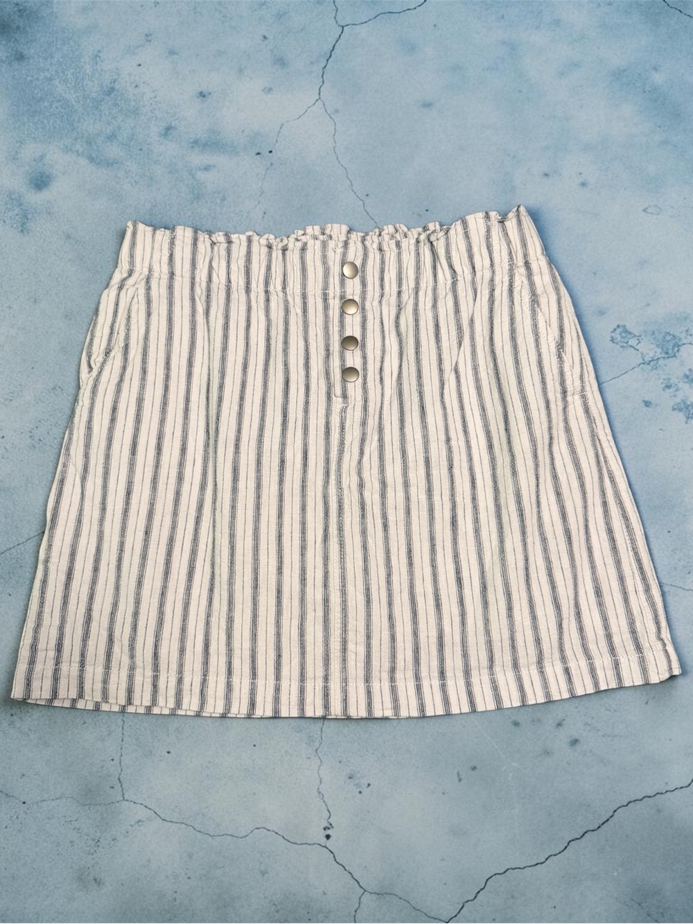 LOFT White and Blue Striped Button-Front Mini Skirt